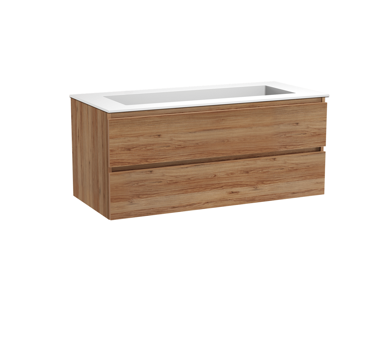 Balmani Lucida zwevend badkamermeubel 120 x 55 cm teak met Tablo Stretto enkele wastafel voor 2 kraangaten in solid surface mat wit