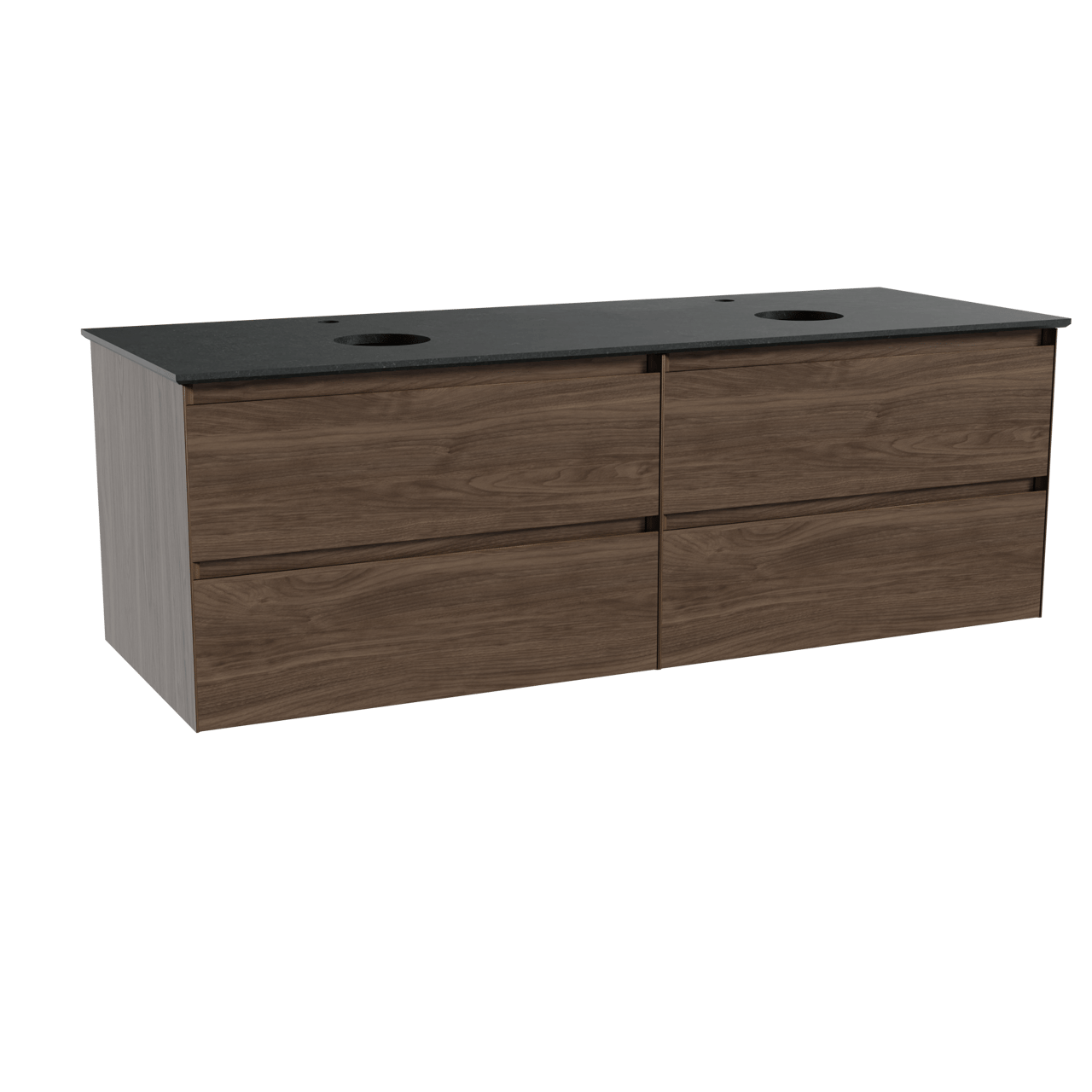 Balmani Mitra hängendes Möbelstück Set: 150 x 55 cm, Amerikanischer Nussbaum, mit Facetta Doppel Waschtischplatte, Schwarzes Granit