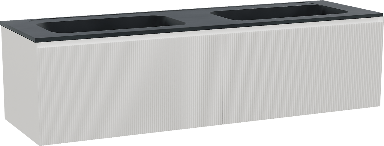 Balmani Fila meuble salle de bains suspendu 180 x 55 cm blanc mat avec Tablo Strada double vasque en marbre composite noir mat, Nervure droite symétrique verticale