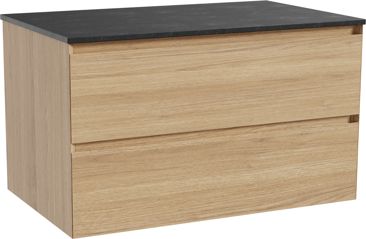 Balmani Mitra meuble salle de bains suspendu 90 x 55 cm chêne naturel avec Stretto tablette simple en granit noir