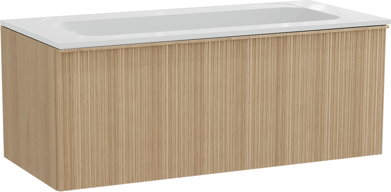 Balmani Forma zwevend badmeubel 120 x 55 cm naturel eiken met Tablo Strada enkele wastafel in composietmarmer hoogglans wit, Verticale asymmetrische ronde ribbel