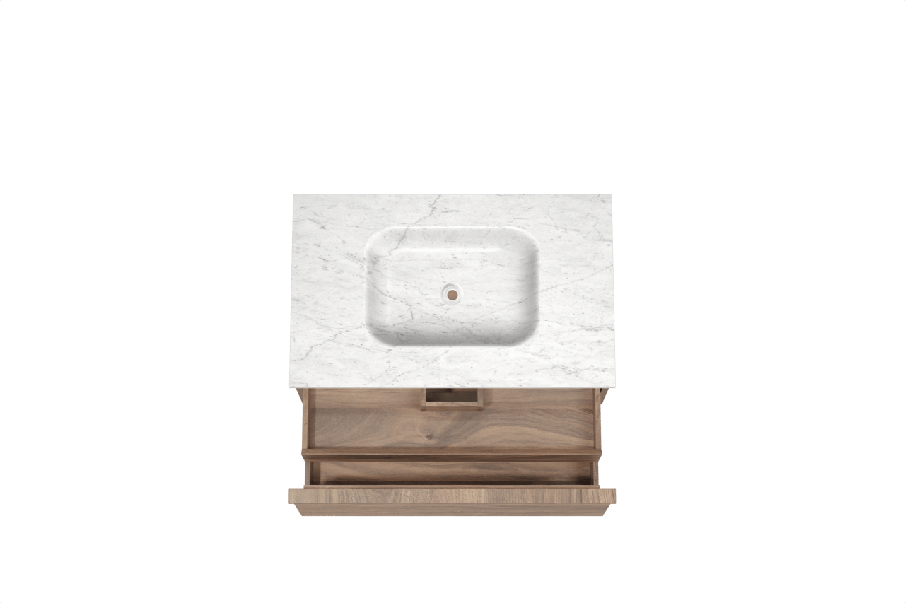 Balmani Forma meuble salle de bains suspendu 90 x 55 cm noyer américain avec Tablo Arcato plan simple en marbre carrara, Nervure droite symétrique horizontale