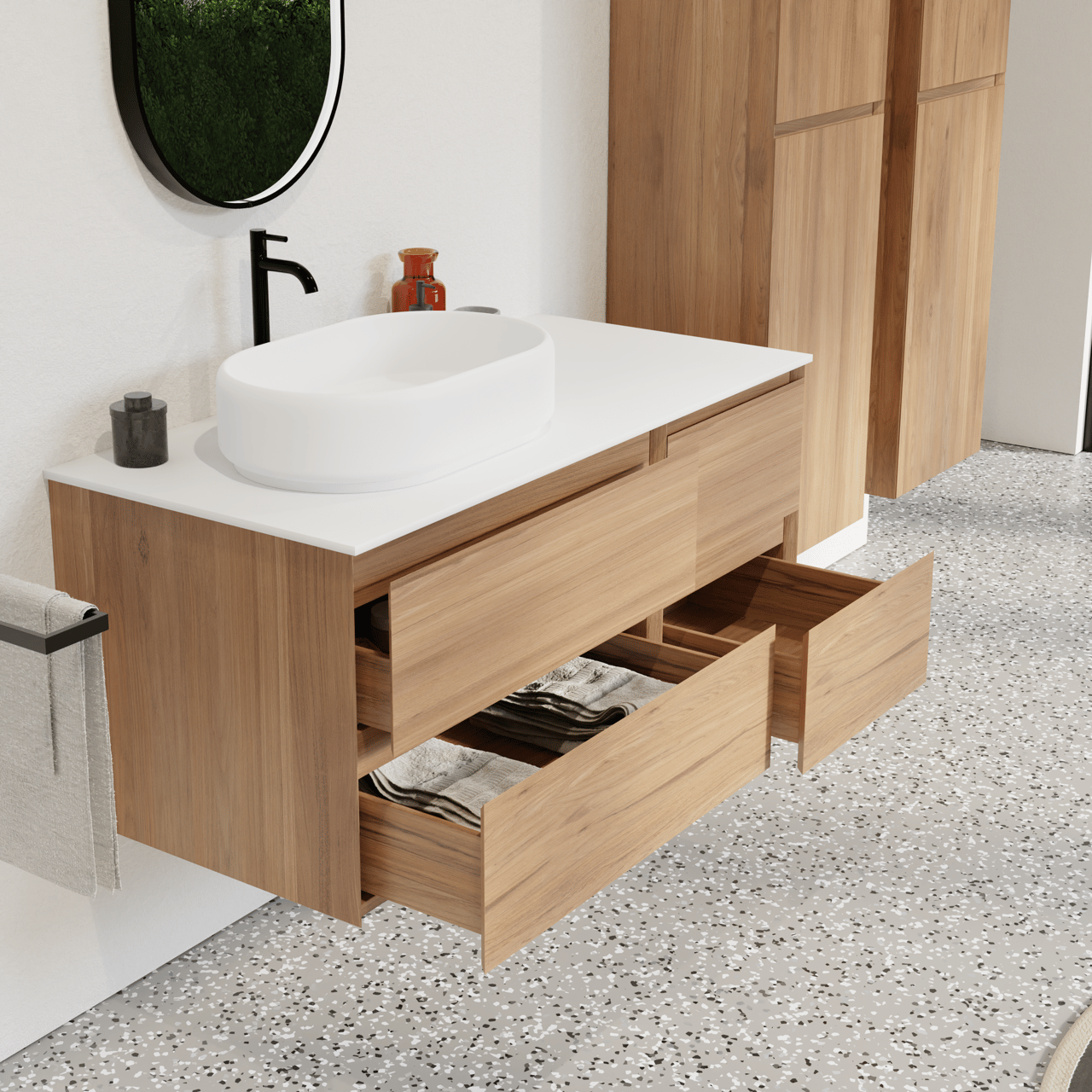 Balmani Mitra hängendes Möbelstück Set: 120 x 55 cm, Teak, mit Stretto Einzel- oder Doppel Waschtischplatte, Solid Surface Weiß matt