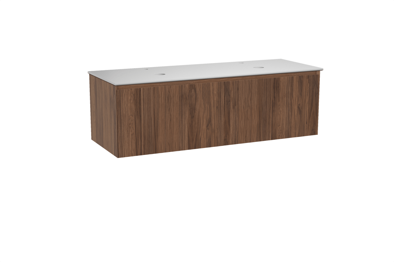 Balmani Fila zwevend badkamermeubel 150 x 55 cm notelaar met Facetta dubbel tablet in solid surface mat wit, Verticale symmetrische rechte ribbel