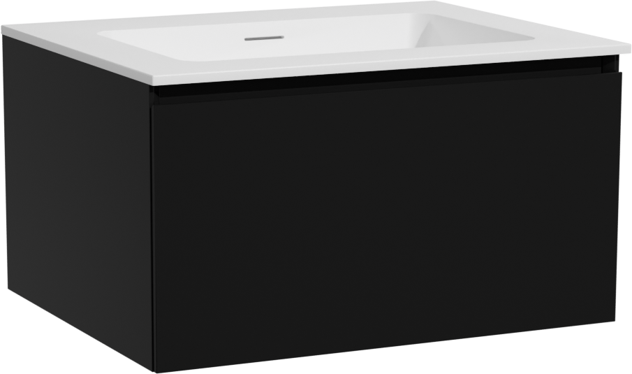 Storke Edge hängendes Möbelstück Set: 65 x 52 cm, Schwarz matt, mit Mata Einzelwaschtisch, Solid Surface Weiß matt