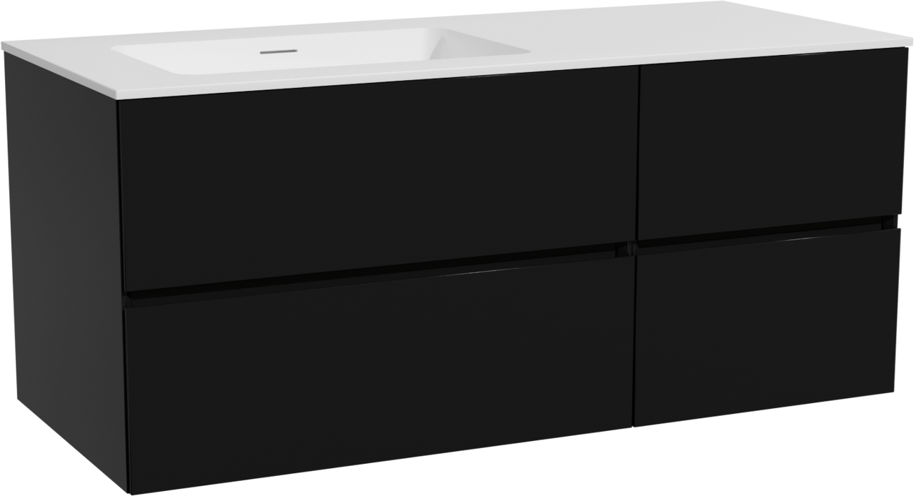 Storke Edge meuble salle de bains suspendu 120 x 52 cm noir mat avec Mata plan vasque asymétrique à gauche en solid surface blanc mat