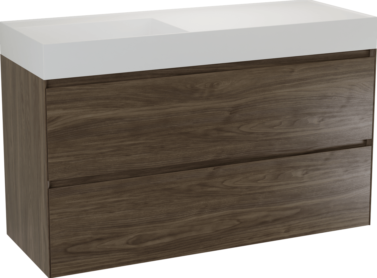 Balmani Mitra Compact meuble salle de bains suspendu 120 x 46 cm Noyer américain avec Argila vasque asymétrique gauche en marbre composite blanc mat