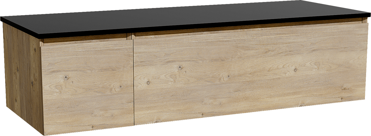 Storke Edge zwevend badmeubel 140 x 52 cm ruw eiken met Panton enkel of dubbel wastafelblad in gepoedercoate mdf mat zwart