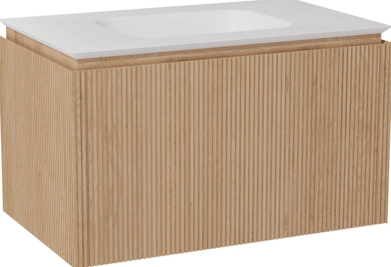 Balmani Eclips meuble salle de bains suspendu 90 x 55 cm Chêne naturelle avec Eclips plan simple en Solid Surface blanc mat, Nervure droite symétrique verticale