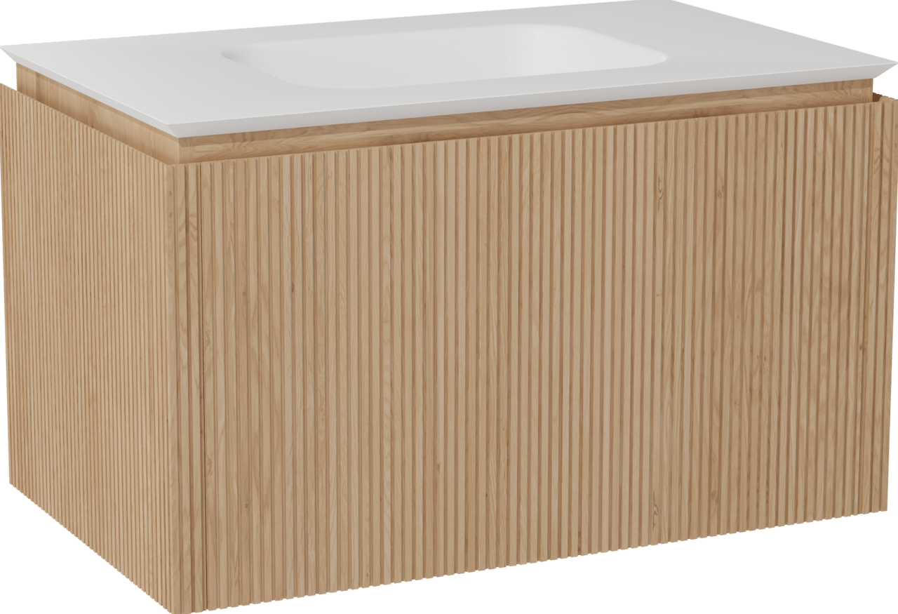 Balmani Eclips hängendes Möbelstück Set: 90 x 55 cm, Eiche Natur, mit Eclips Einzelwaschtisch Solid Surface Weiβ matt, Vertikale symmetrische gerade Rippe