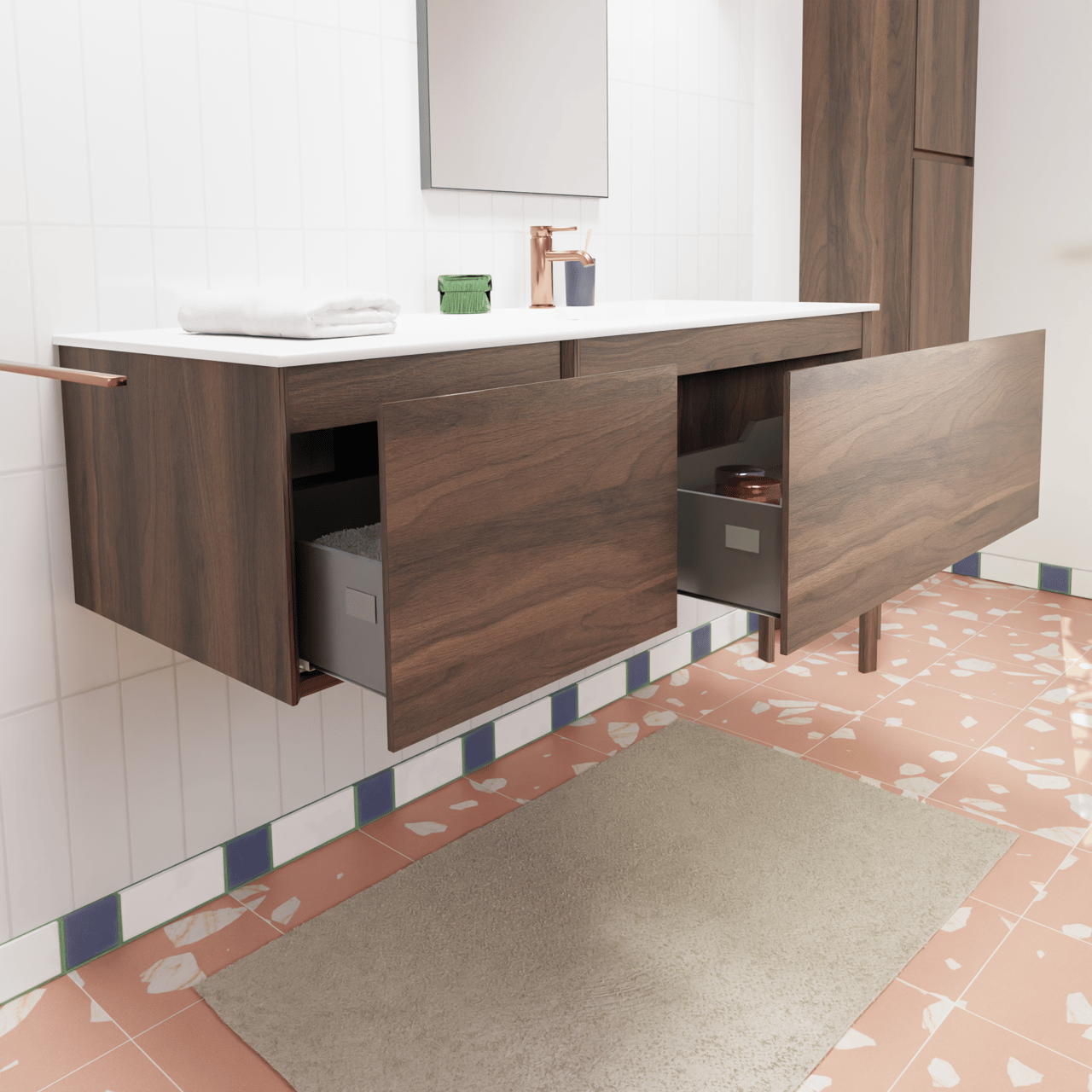 Storke Edge hängendes Möbelstück Set: 130 x 52 cm, Nussbaum, mit Mata Waschtisch rechts, Solid Surface Weiß matt