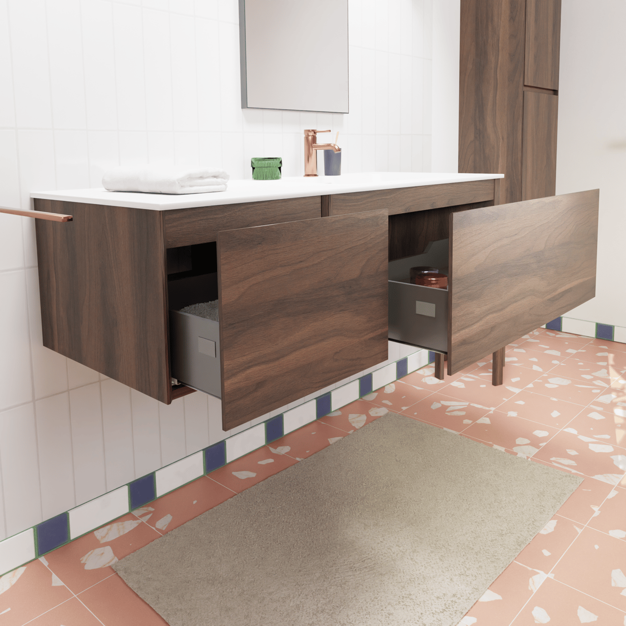 Storke Edge zwevend badkamermeubel 130 x 52 cm notelaar met Mata asymmetrisch rechtse wastafel in solid surface mat wit