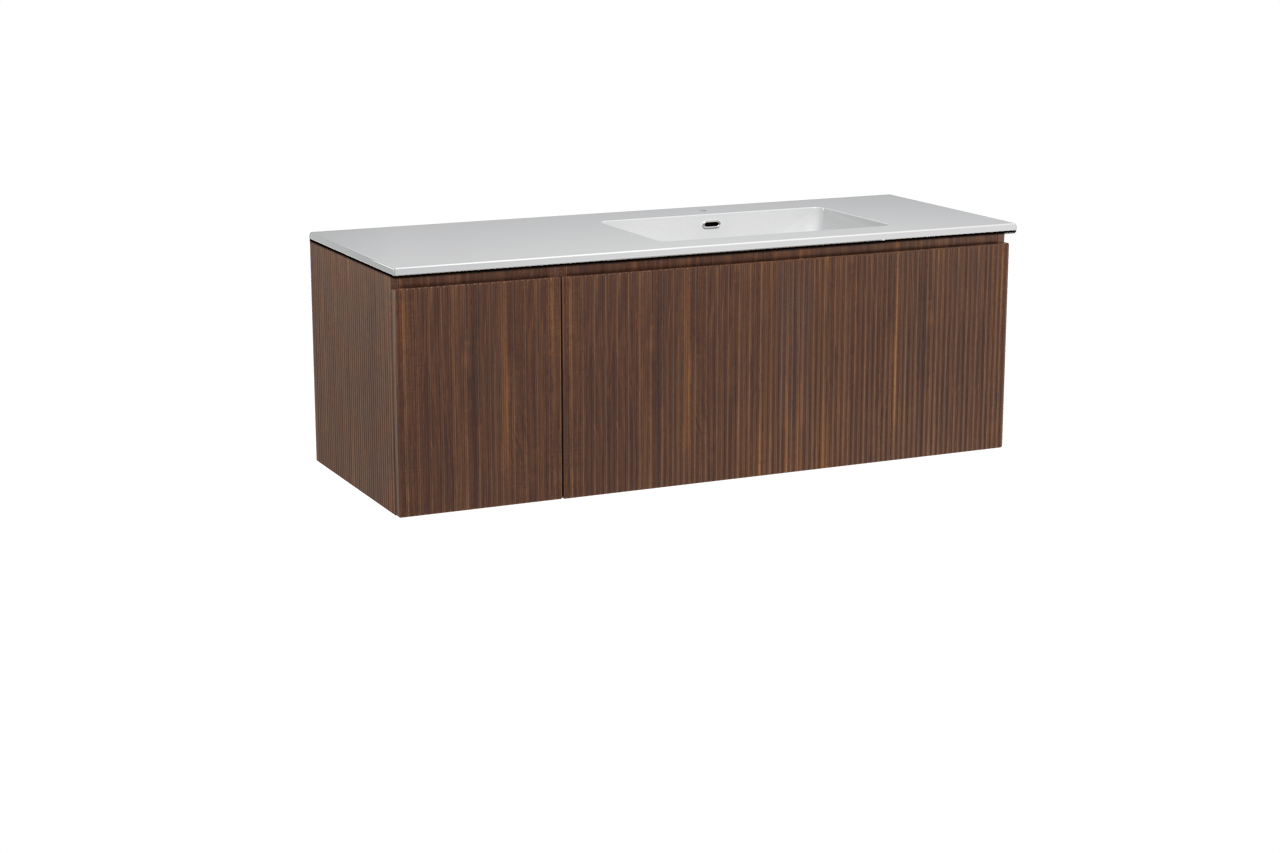 Storke Ribs zwevend badmeubel 140 x 52 cm notenhout met Diva asymmetrisch rechtse wastafel in composietmarmer hoogglans wit, Verticale symmetrische rechte ribbel