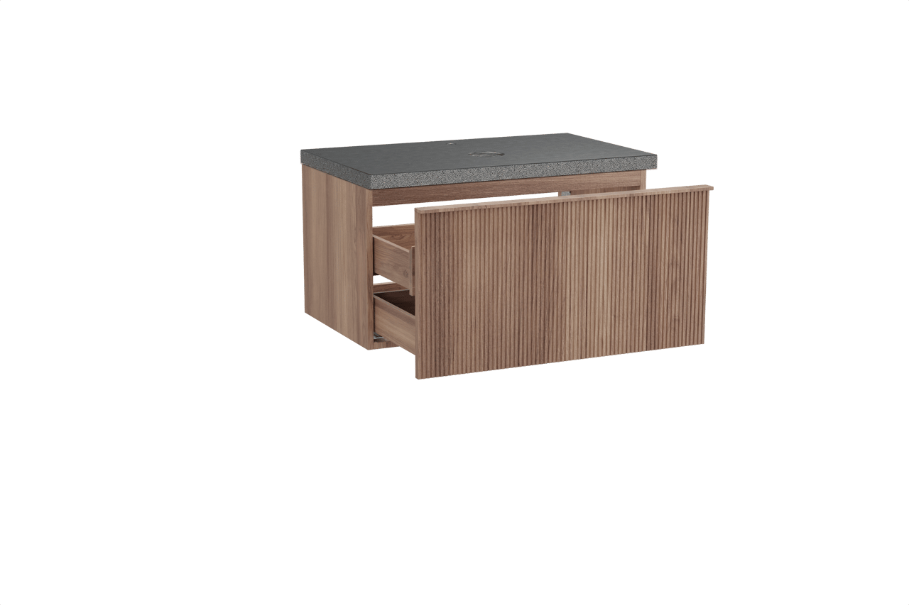 Balmani Forma hängendes Möbelstück Set: 90 x 55 cm, Teak, mit Rock Einzel Waschtischplatte, Granit, Schwarzes Granit, Vertikale symmetrische gerade Rippe