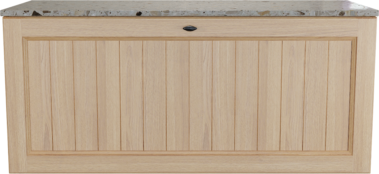 Balmani Lemon hängendes Möbelstück Set: 120 x 55 cm, Naturbelassene Eiche Furnier, mit Stretto Einzel- oder Doppel Waschtischplatte, Terrazzo in Greige