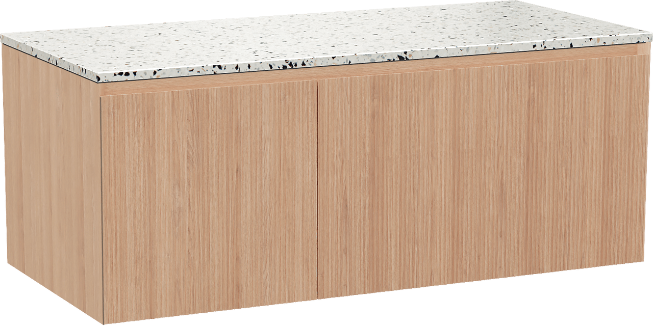 Balmani Fila zwevend badmeubel 120 x 55 cm naturel eiken met Stretto enkel of dubbel wastafelblad in mat wit/zwart terrazzo, Verticale symmetrische rechte ribbel