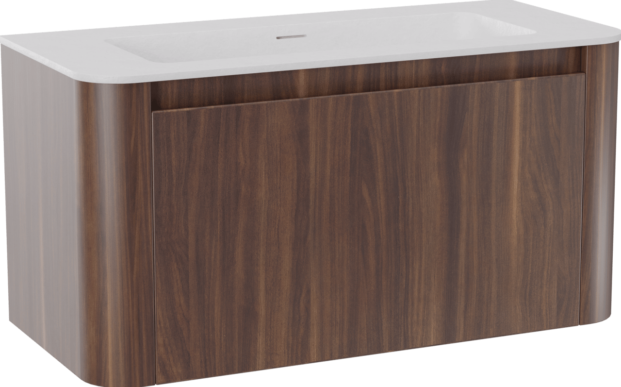 Storke Soft zwevend badmeubel 100 x 46 cm notenhout met Mata Soft enkele wastafel in solid surface mat wit