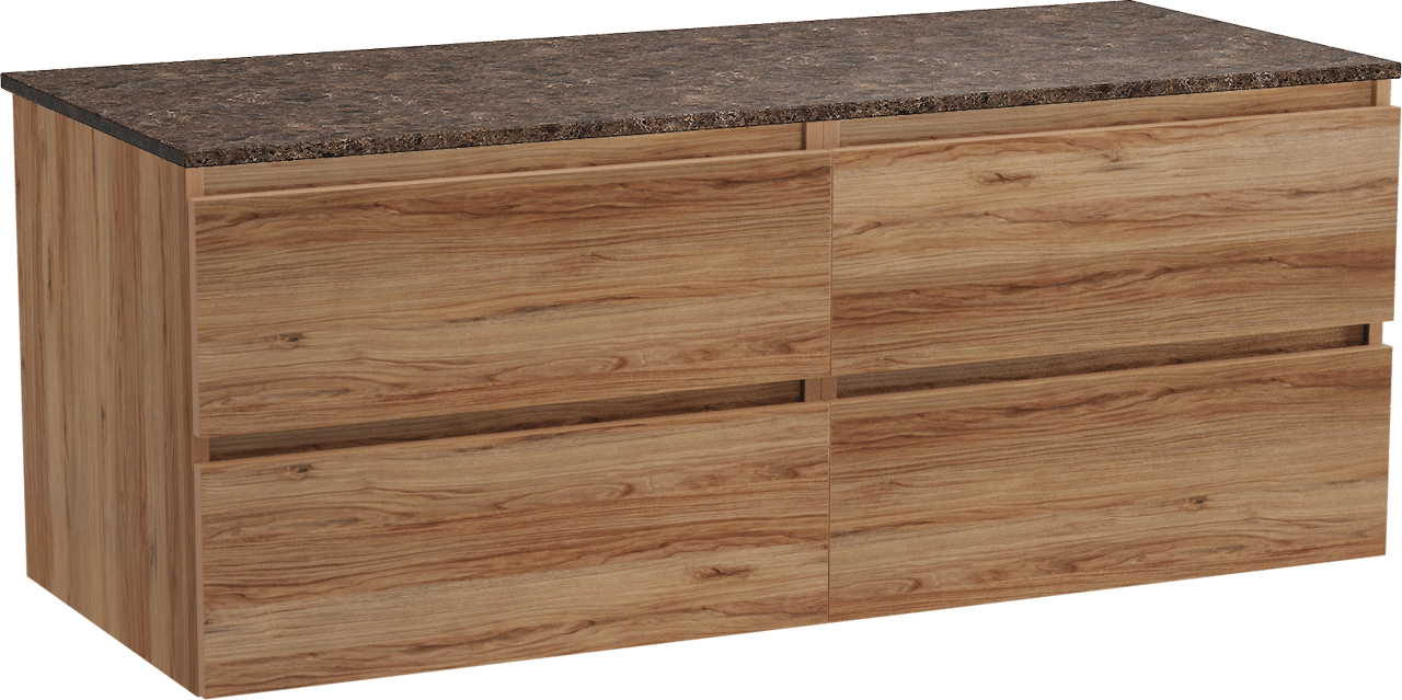 Balmani Lucida zwevend badkamermeubel 135 x 55 cm teak met Stretto enkel of dubbel tablet in marmer dark emperador