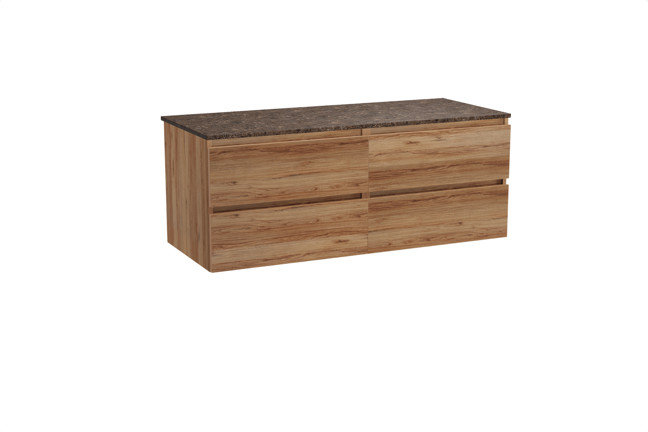 Balmani Lucida hängendes Möbelstück Set: 135 x 55 cm, Teak, mit Stretto Einzel- oder Doppel Waschtischplatte, Marmor Dark Emperador