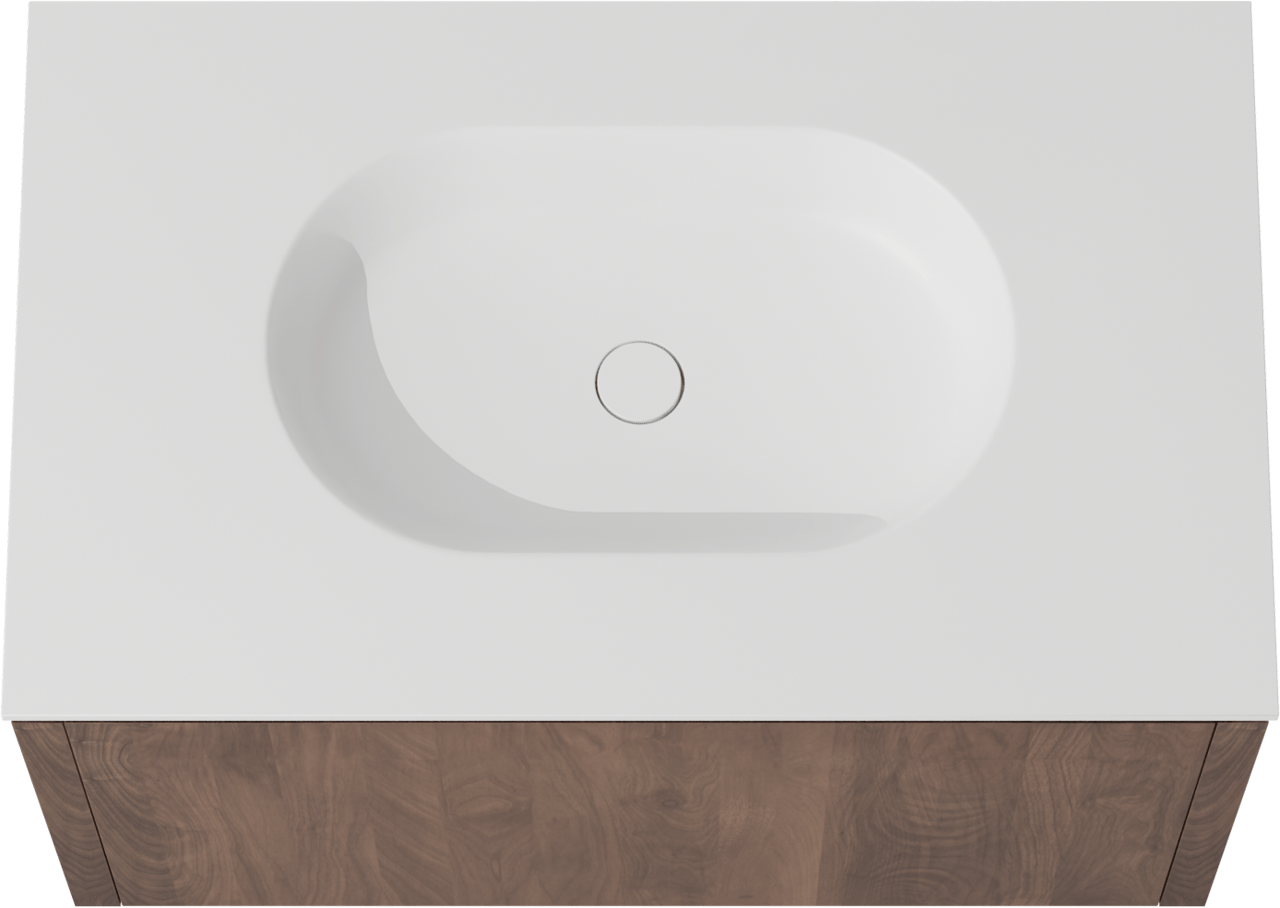 Balmani Eclips zwevend badkamermeubel 90 x 55 cm Amerikaanse notelaar met Tablo Oval enkele wastafel in Solid Surface mat wit