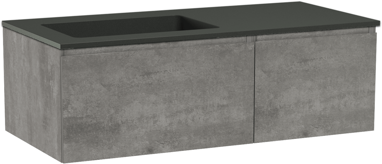 Storke Edge zwevend badmeubel 110 x 52 cm beton donkergrijs met Scuro asymmetrisch linkse wastafel in kwarts mat zwart