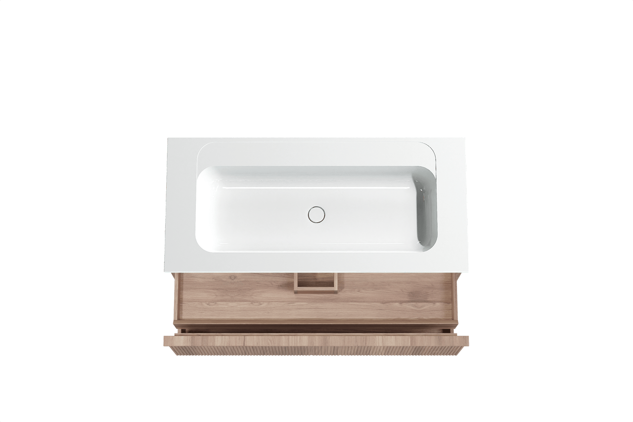 Balmani Forma hängendes Möbelstück Set: 120 x 55 cm, Teak, mit Tablo Strada Einzelwaschtisch, Marmorkomposit, Weiß glänzend, Vertikale symmetrische gerade Rippe