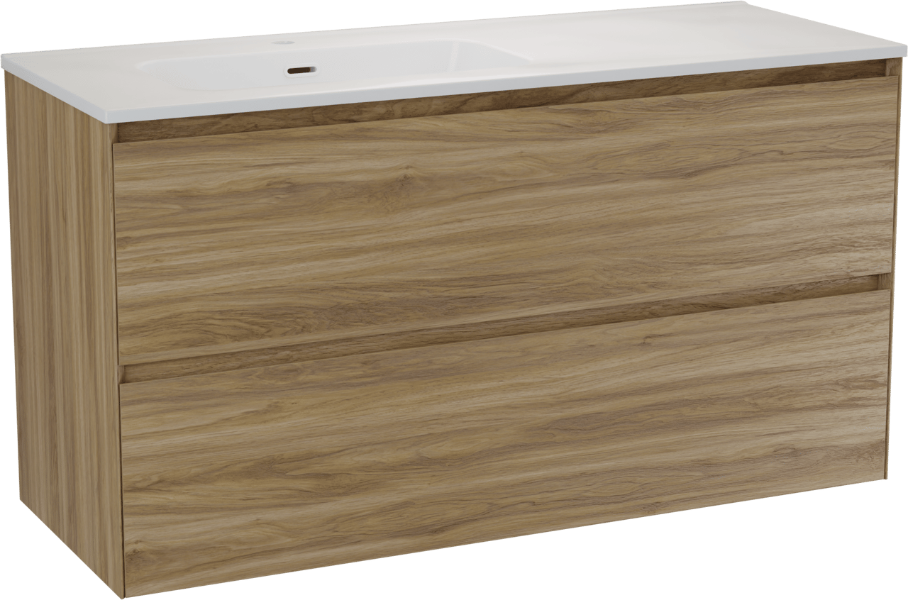 Balmani Mitra Compact zwevend badmeubel 120 x 46 cm wild eiken met Nostra asymmetrisch linkse wastafel in porselein hoogglans wit