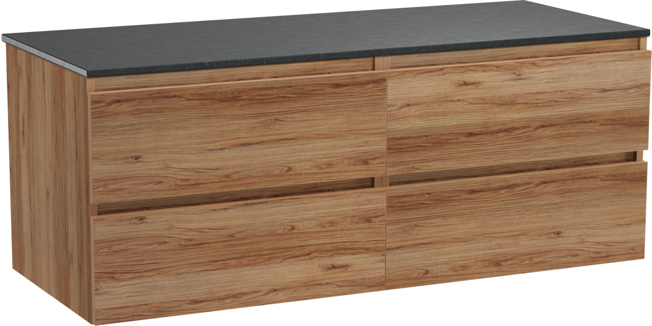 Balmani Lucida hängendes Möbelstück Set: 135 x 55 cm, Teak, mit Stretto Einzel- oder Doppel Waschtischplatte, Schwarzes Granit
