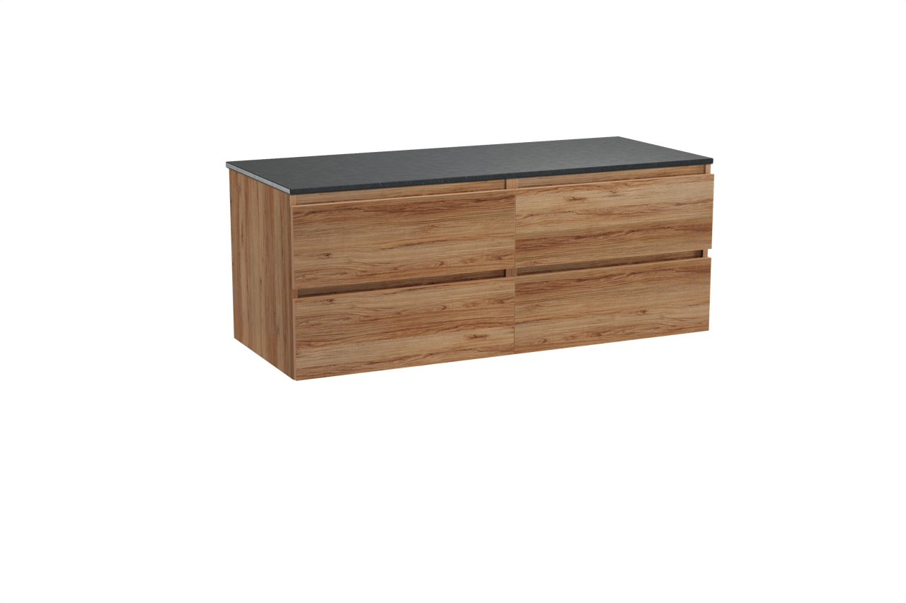 Balmani Lucida hängendes Möbelstück Set: 135 x 55 cm, Teak, mit Stretto Einzel- oder Doppel Waschtischplatte, Schwarzes Granit