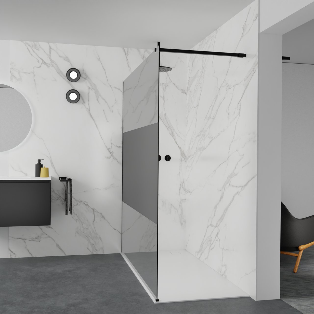 Balmani Modular douche à l'italienne: 180 x 200 cm, Verre fumé avec bande matte, Profil Noir mat