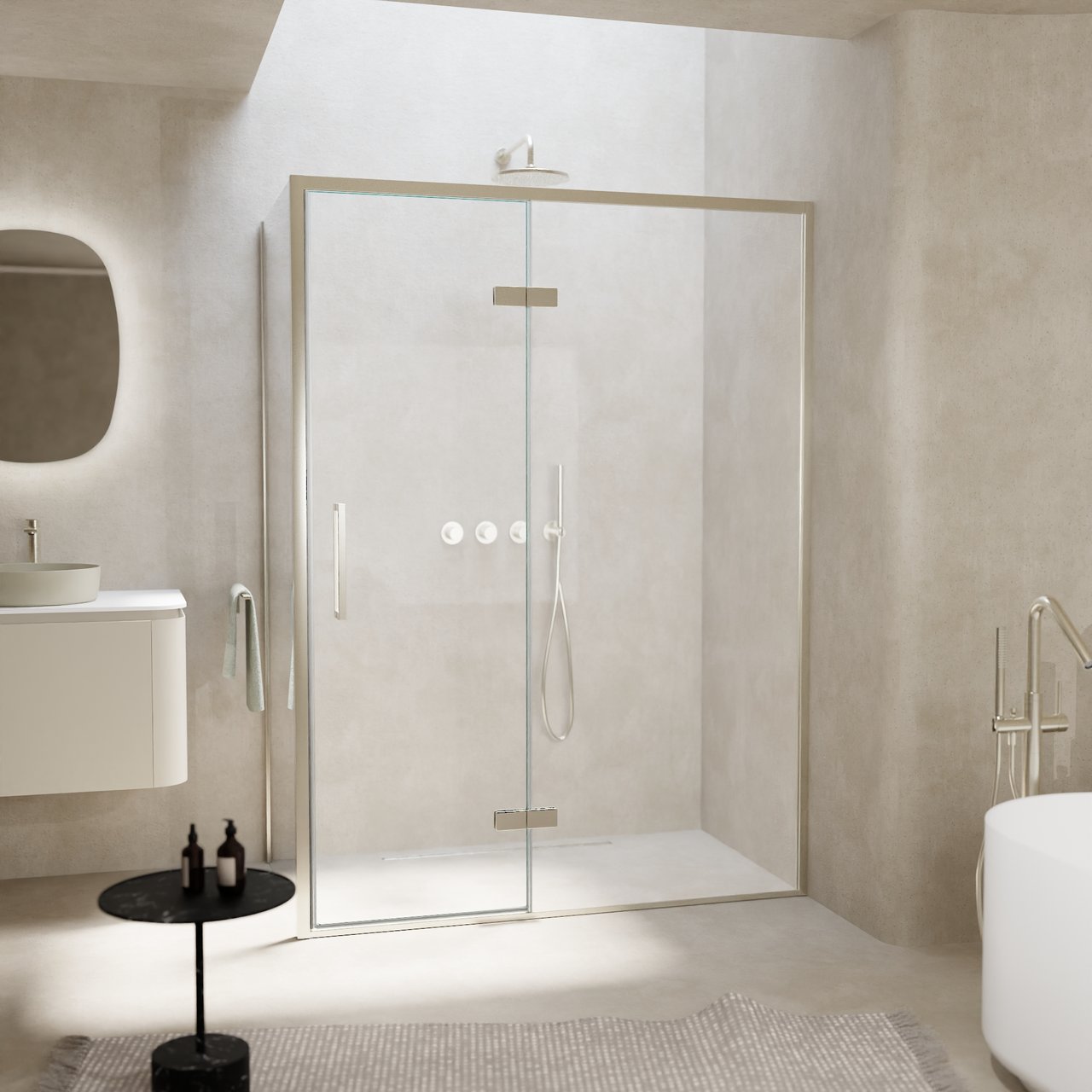 Balmani Senses Design douche d'angle avec porte pivotante à droite et paroi latérale fixe, 140 x 70 cm, Verre transparent, Profil Brushed CoolMetal