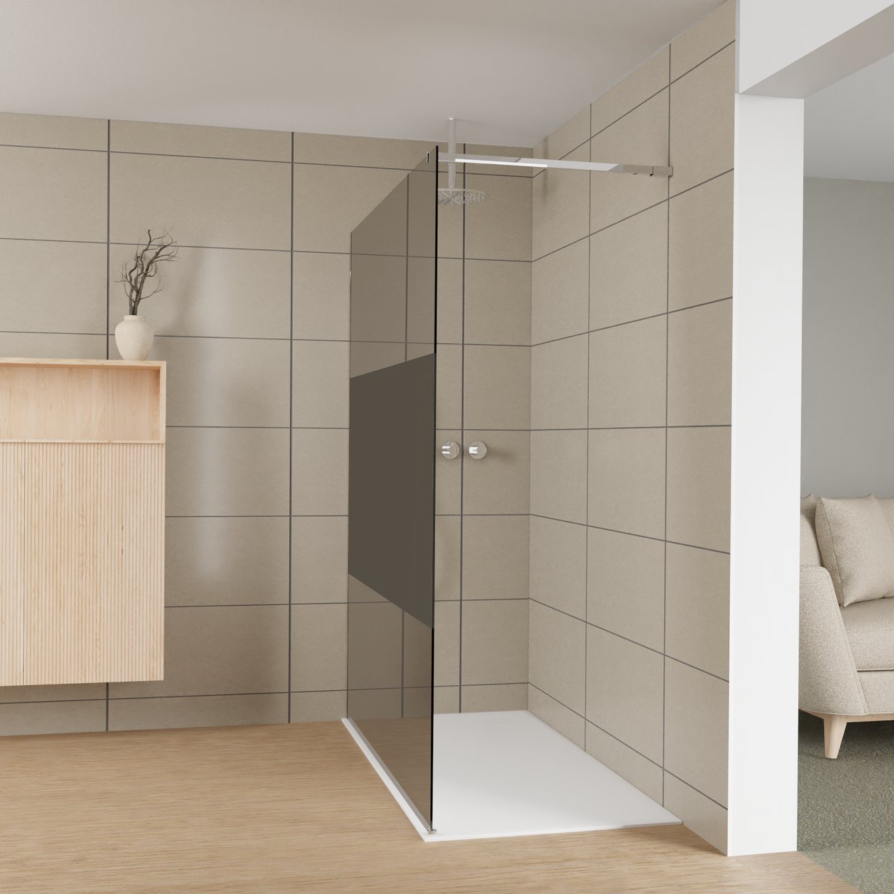 Balmani Modular douche à l'italienne: 160 x 200 cm, Verre fumé avec bande mate, Profil Chrome brillant