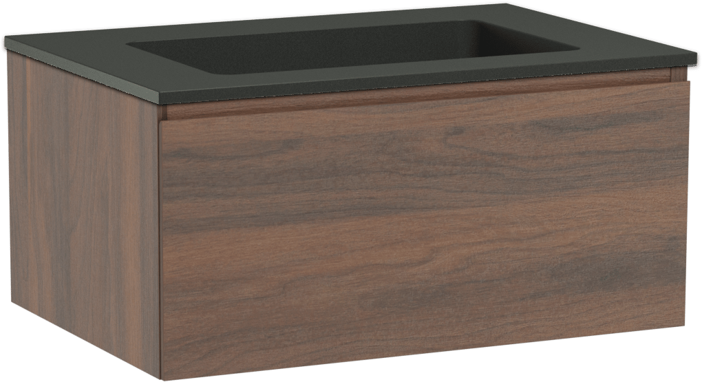 Storke Edge zwevend badmeubel 75 x 52 cm notenhout met Scuro enkele wastafel in kwarts mat zwart