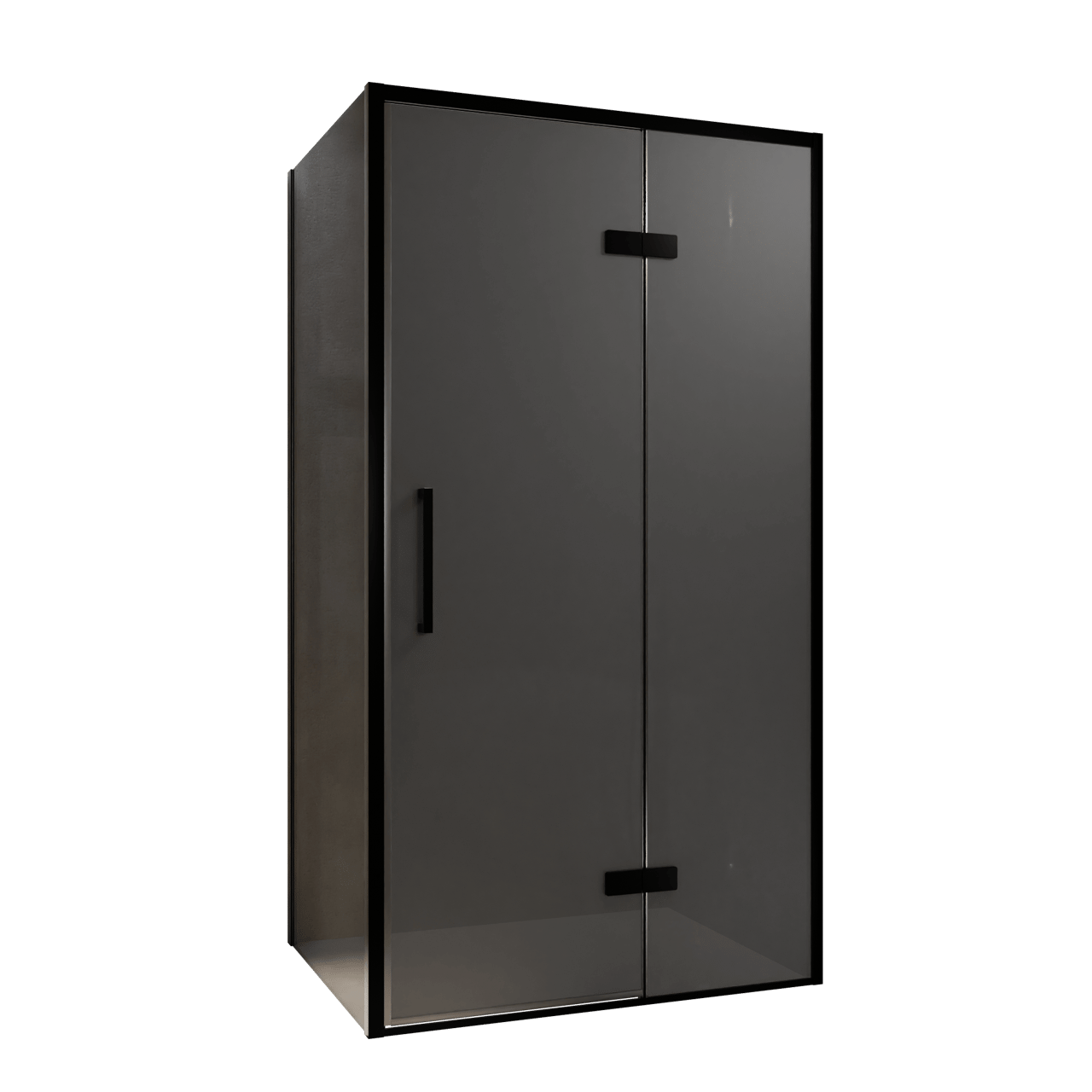 Balmani Senses Design douchecabine met rechtse draaideur en vaste zijwand, 100 x 100 cm, Rookglas, Zwarte profielen