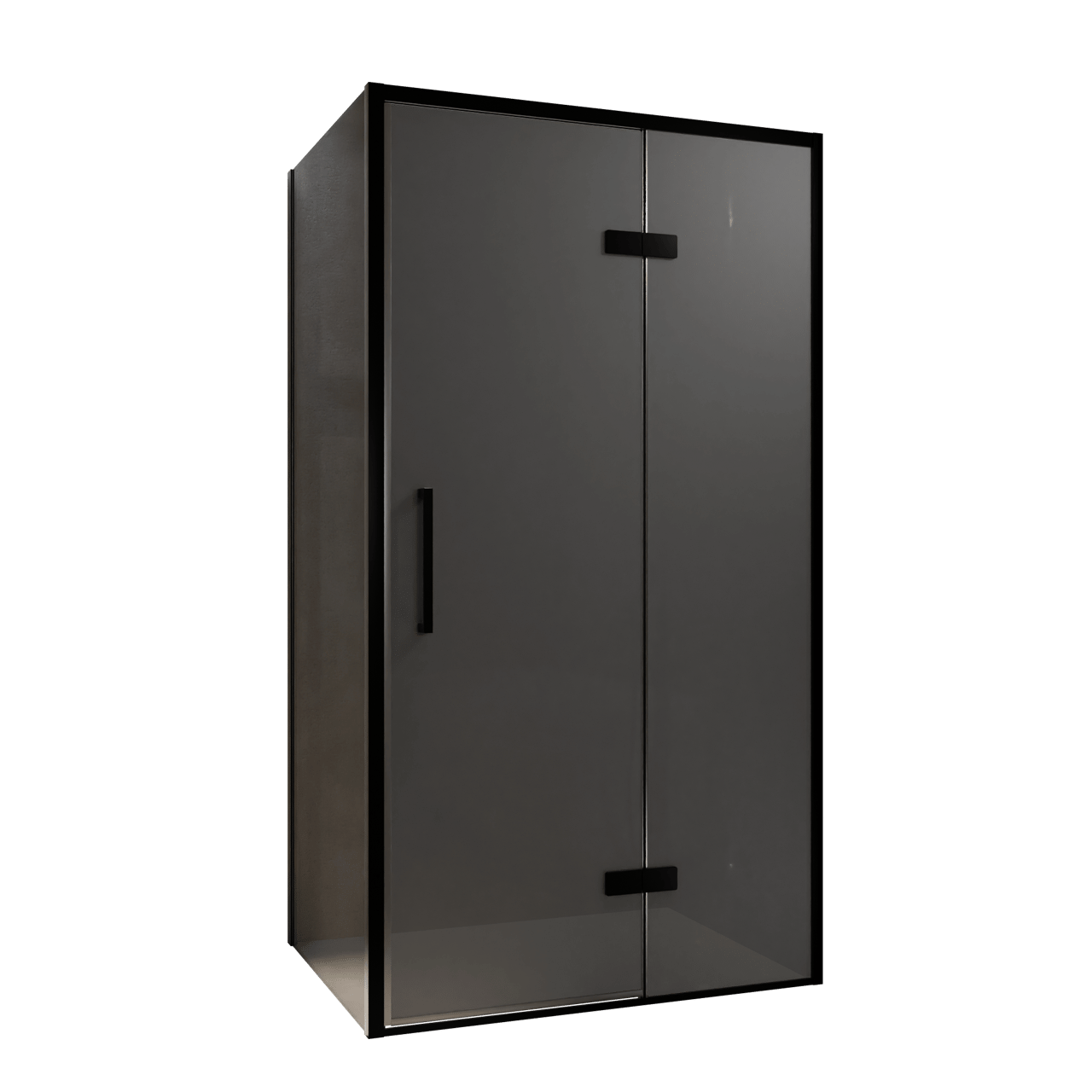 Balmani Senses Design douche en coin avec porte pivotante à droite et paroi latérale fixe, 100 x 90 cm, Verre fumé, Profil noir, coating inclus, coating inclus