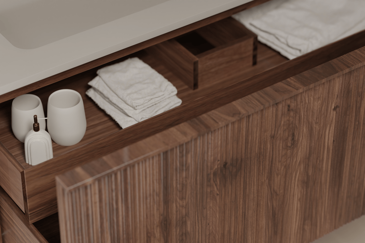 Balmani Forma meuble sous-lavabo suspendu nervure asymétrique 67,5 x 55 cm noyer Américain 2 tiroirs