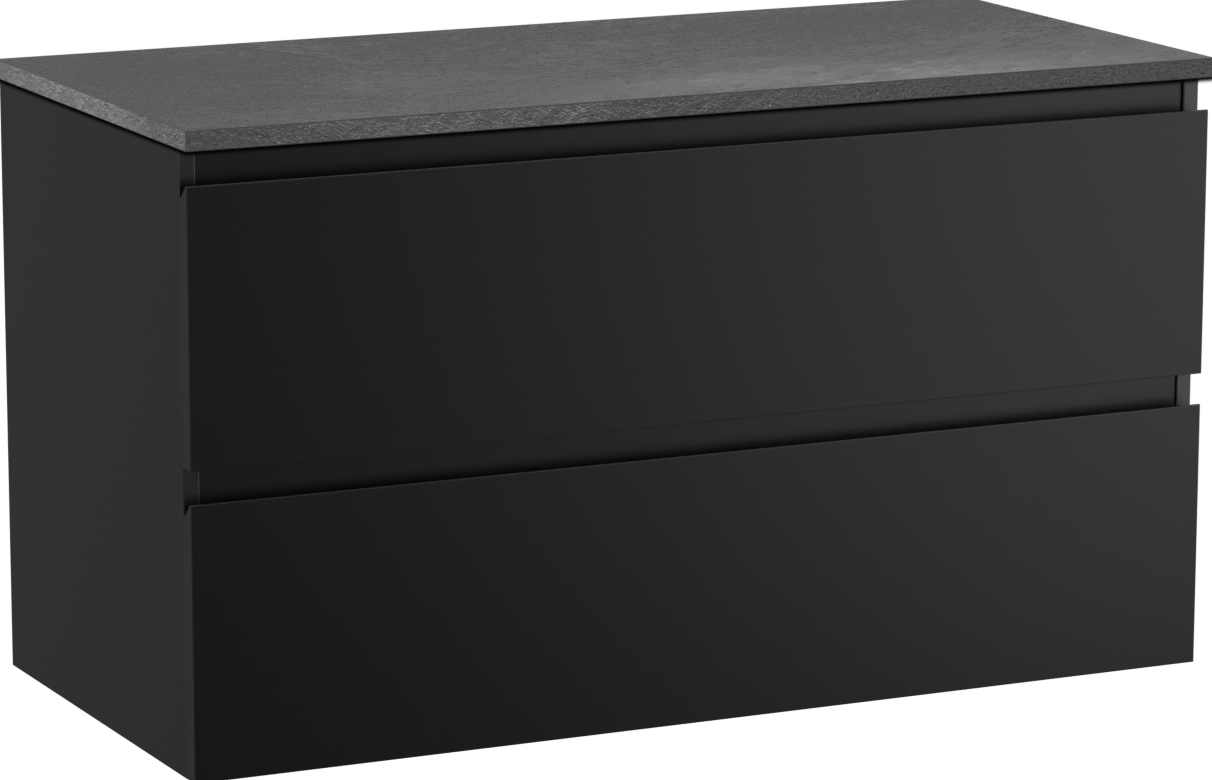Linie Lado zwevend badmeubel 100 x 46 cm mat zwart met Lado enkel of dubbel wastafelblad in melamine grijze leisteen
