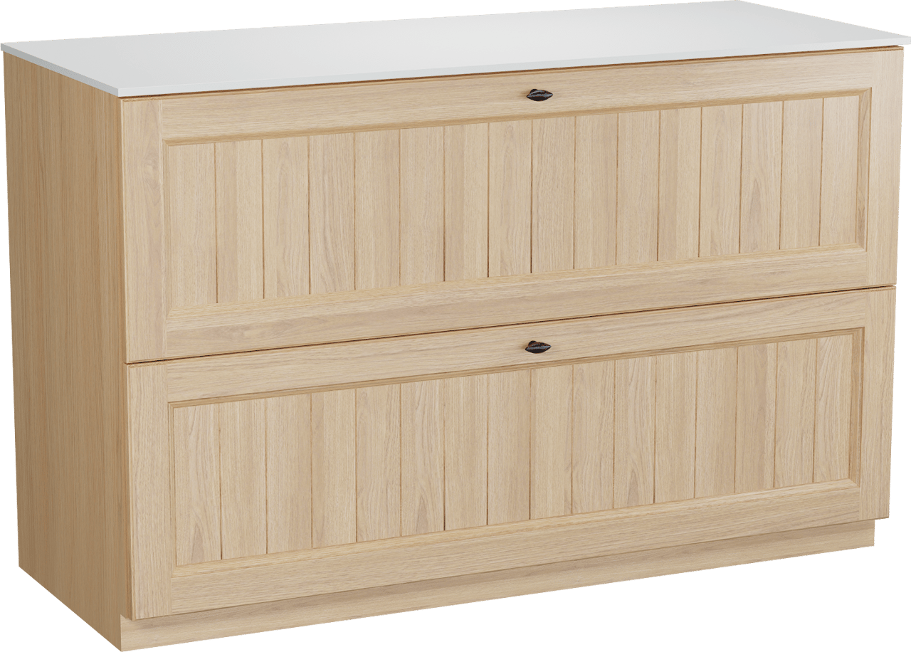 Balmani Lemon freistehendes Möbelstück Set: 135 x 55 cm, Naturbelassene Eiche Furnier, mit Stretto Einzel- oder Doppel Waschtischplatte, Weiß matt