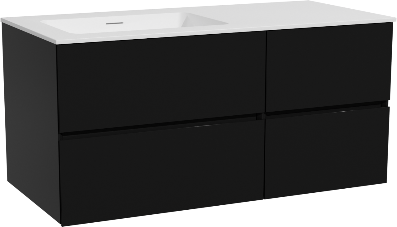 Storke Edge zwevend badmeubel 110 x 52 cm mat zwart met Mata asymmetrisch linkse wastafel in solid surface mat wit