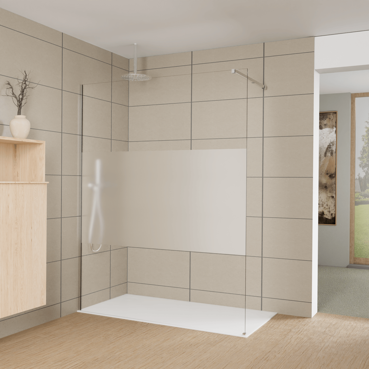 Balmani Modular Walk-In Dusche: 160 x 200 cm, Klarglas mit mattiertem Streifen, Profil Chrom glänzend