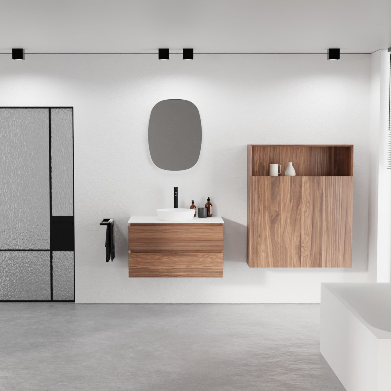 Balmani Mitra meuble salle de bains suspendu 90 x 55 cm noyer avec Stretto tablette simple en solid surface blanc mat