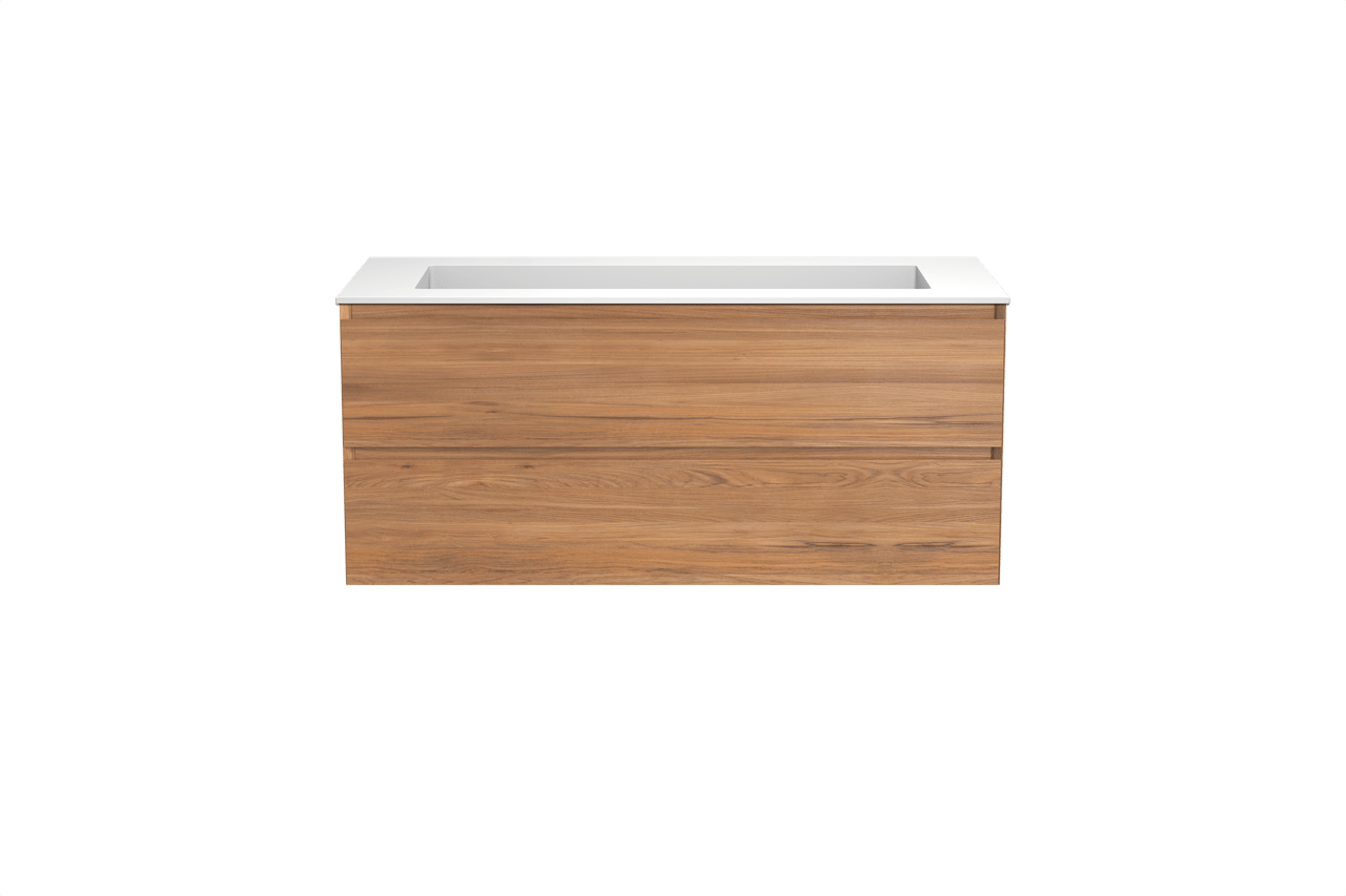 Balmani Mitra zwevend badkamermeubel 120 x 55 cm teak met Tablo Stretto enkele wastafel voor 2 kraangaten in solid surface mat wit