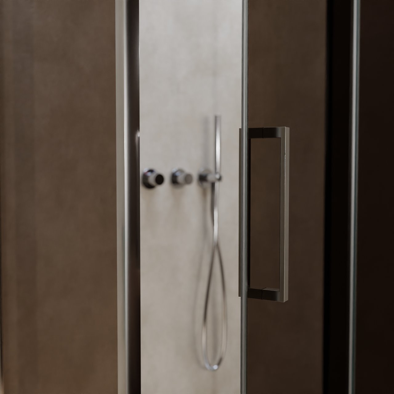 Balmani Senses Design douchecabine met rechtse draaideur en vaste zijwand, 100 x 100 cm, Brons, Chroom profielen, met coating