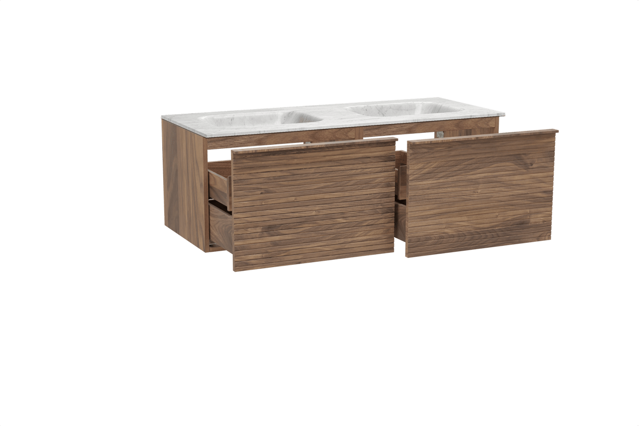 Balmani Forma zwevend badkamermeubel 135 x 55 cm amerikaanse notelaar met Tablo Arcato dubbele wastafel in marmer carrara, Horizontale symmetrische rechte ribbel