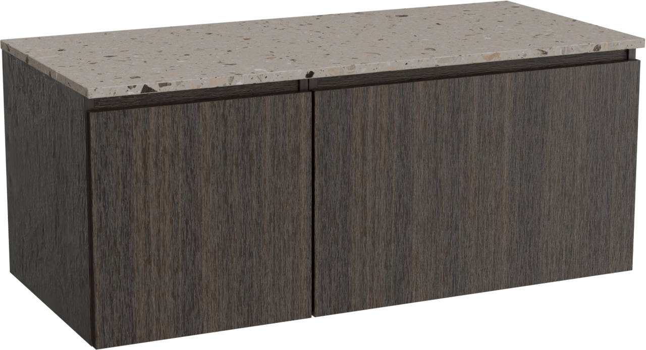 Balmani Sfera meuble salle de bains suspendu 120 x 55 cm eucalyptus avec Stretto tablette simple ou double en terrazzo greige terrazzo