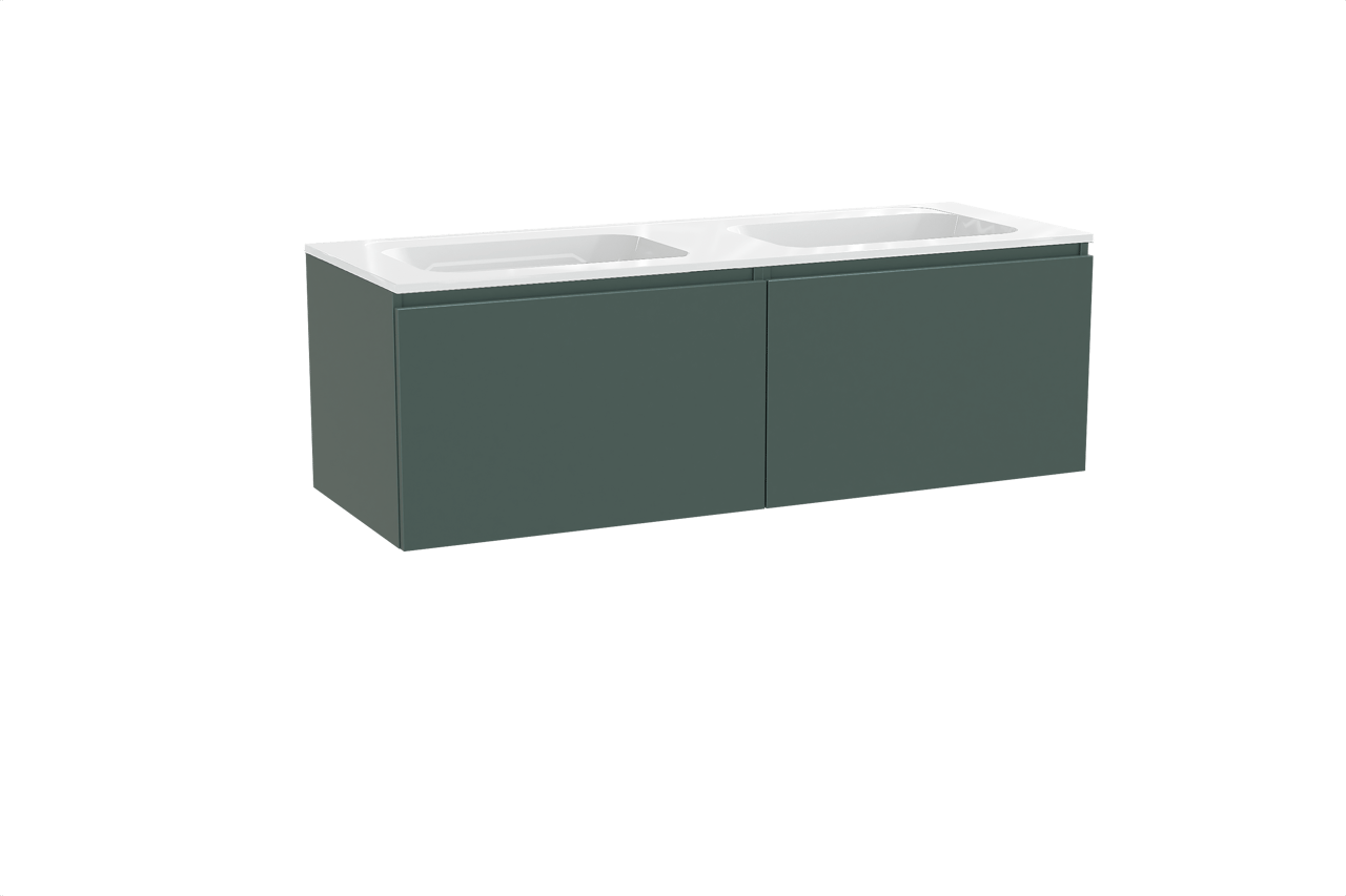 Balmani Sfera hängendes Möbelstück Set: 150 x 55 cm, Forest, mit Tablo Strada Doppelwaschtisch, Marmorkomposit Weiß glänzend