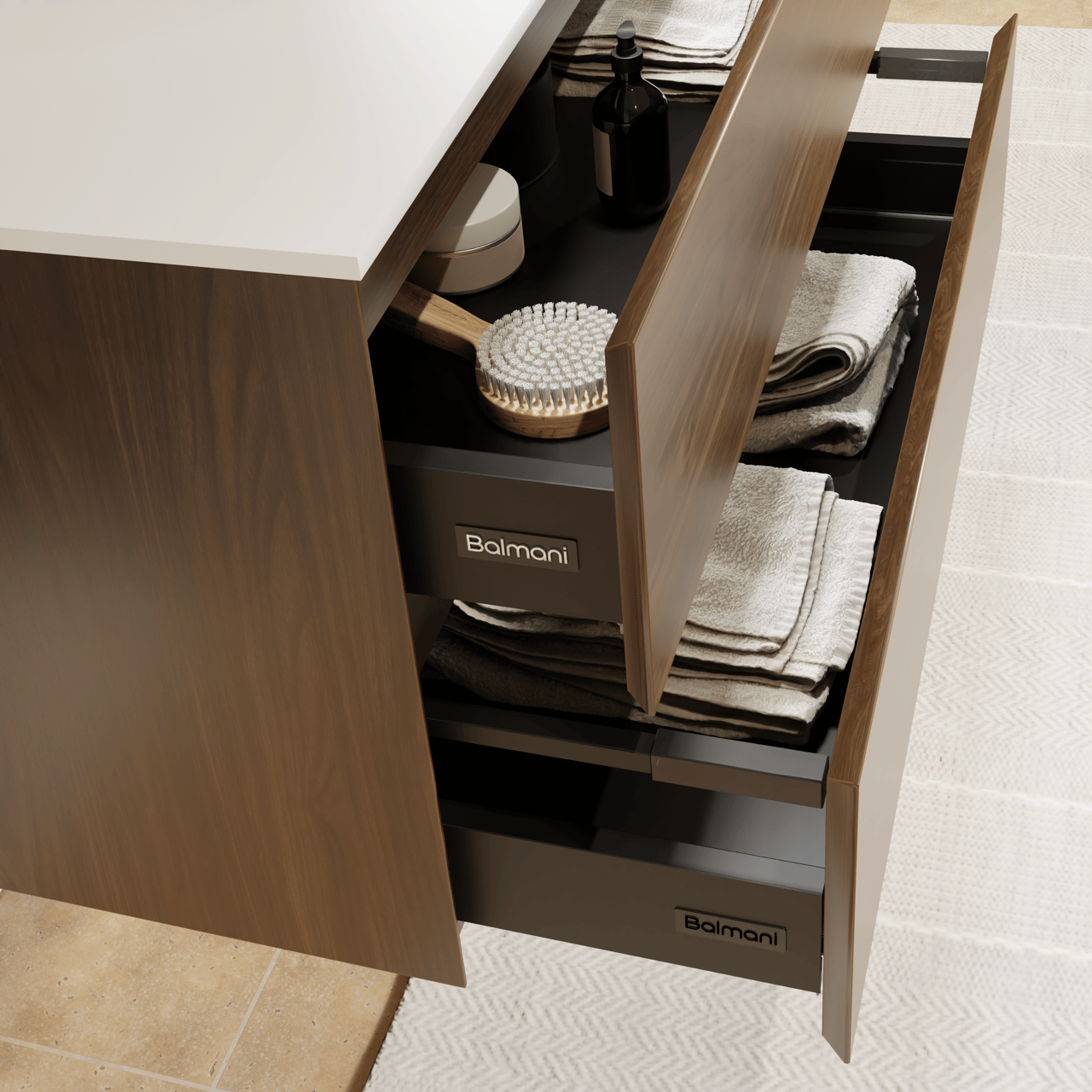 Balmani Mitra meuble salle de bains suspendu 180 x 55 cm noyer américain avec Stretto tablette simple ou double en solid surface blanc mat