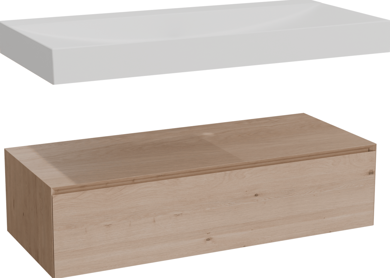 Balmani Mitra Elements hängendes Möbelstück Set: 120 x 55 cm, Naturbelassene Eiche mit Wave Einzelwaschtisch für 2 Armaturenlöcher, Solid Surface Weiß matt