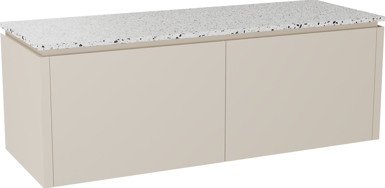 Balmani Eclips meuble salle de bains suspendu 150 x 55 cm Sandbeige avec Stretto tablette simple ou double vasque en Bianco Nero Terrazzo