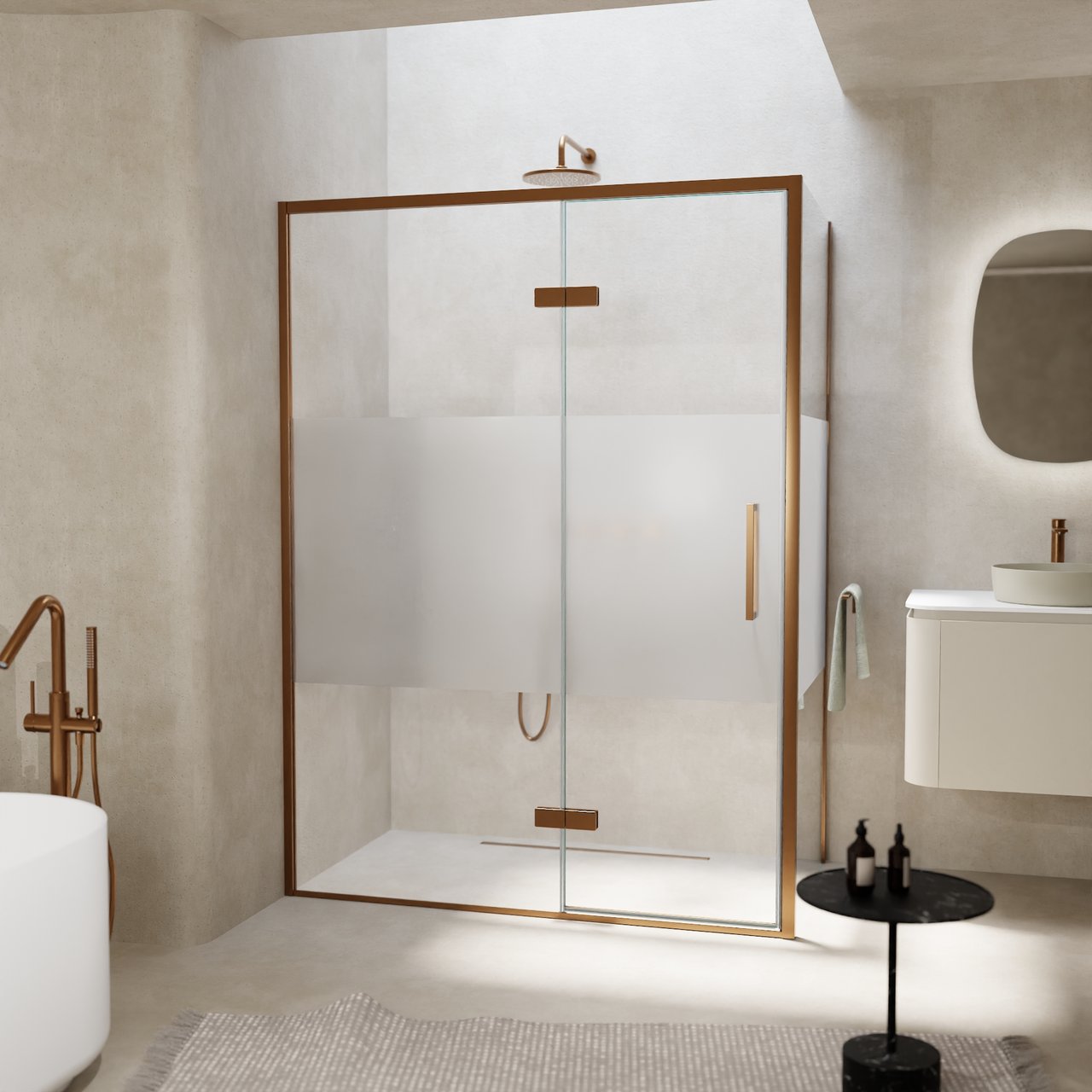 Balmani Senses Design Eckdusche: Drehtür (Links) mit fixierte Seitenwand, 140 x 100 cm, Klarglas mit mattiertem Streifen, Profil Brushed Rosegold